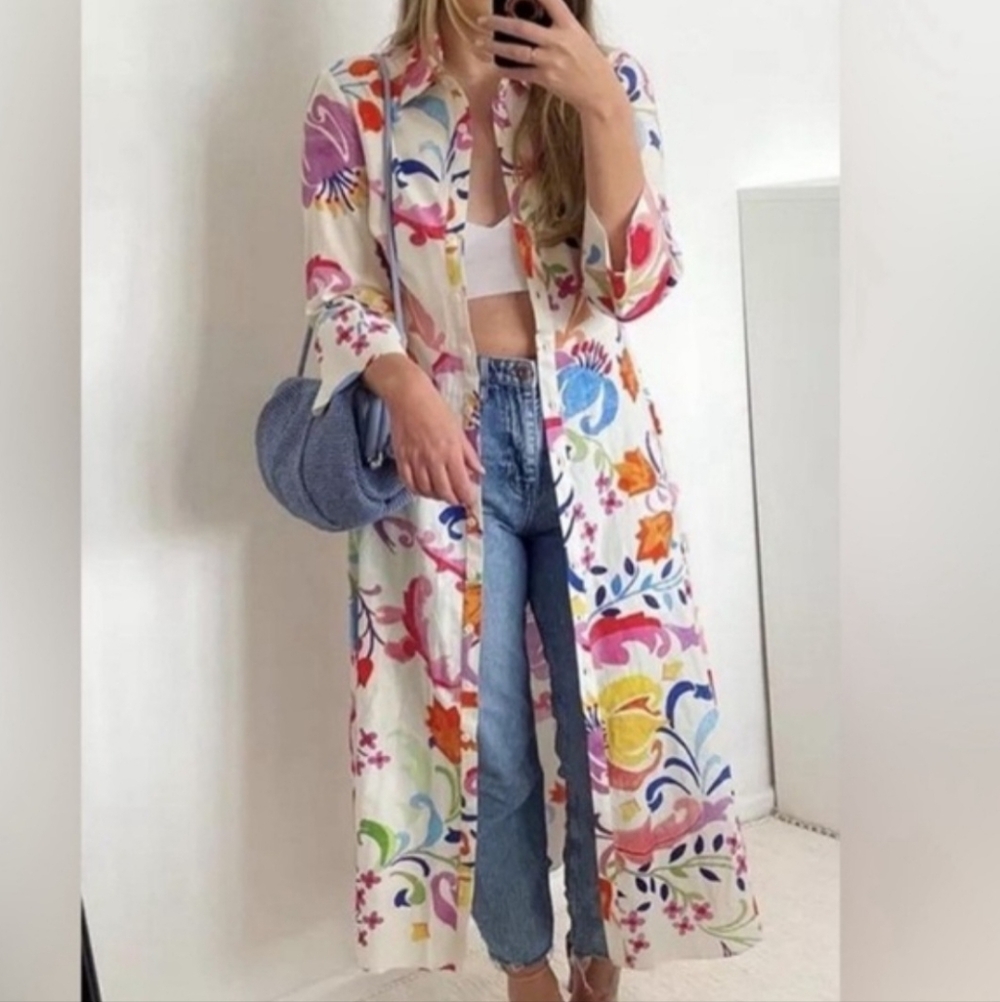 Zara Floral Midi Shirt Dress Long Sleeve Size S Tie Belt Watercolor Flowers - Picture 14 of 14